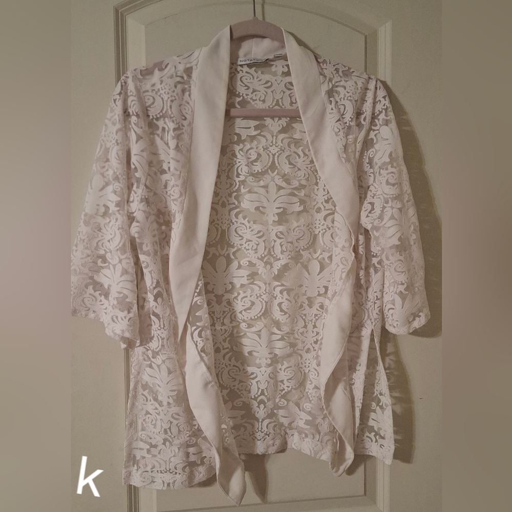 Notations woman white open short sleeve cardigan jacket size medium bohemian